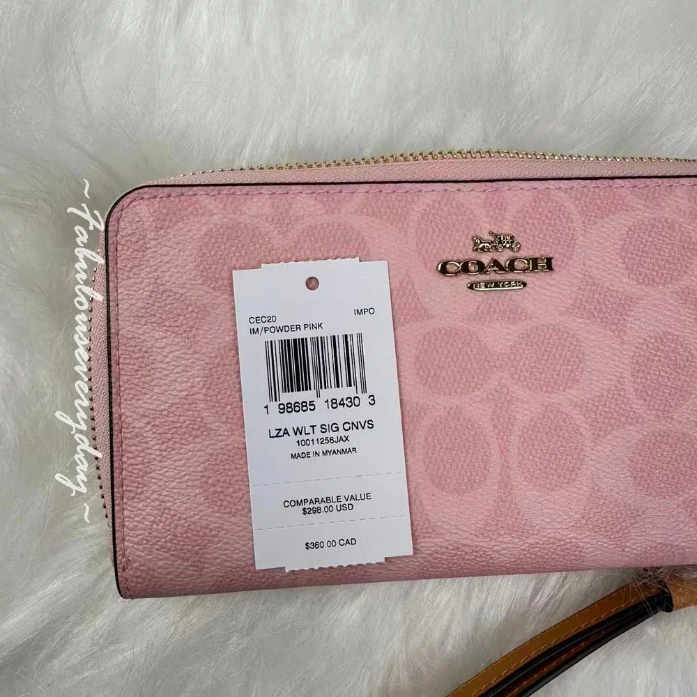 Coach Long Zip Around Wallet in Signature Canvas Gold/Powder Pink CEC20 NWT